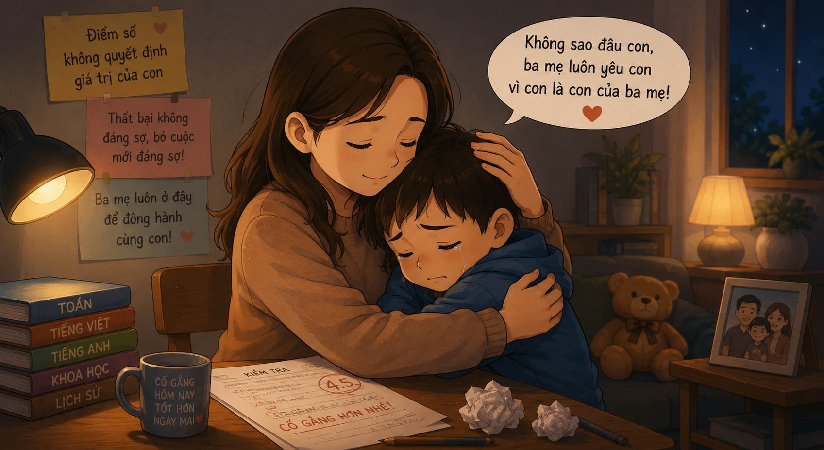 Ba mẹ ôm con sau khi con thất bại