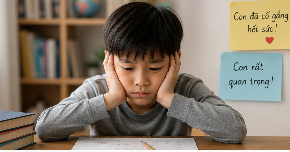 Trẻ ngồi học với ánh mắt suy tư, thể hiện áp lực điểm số