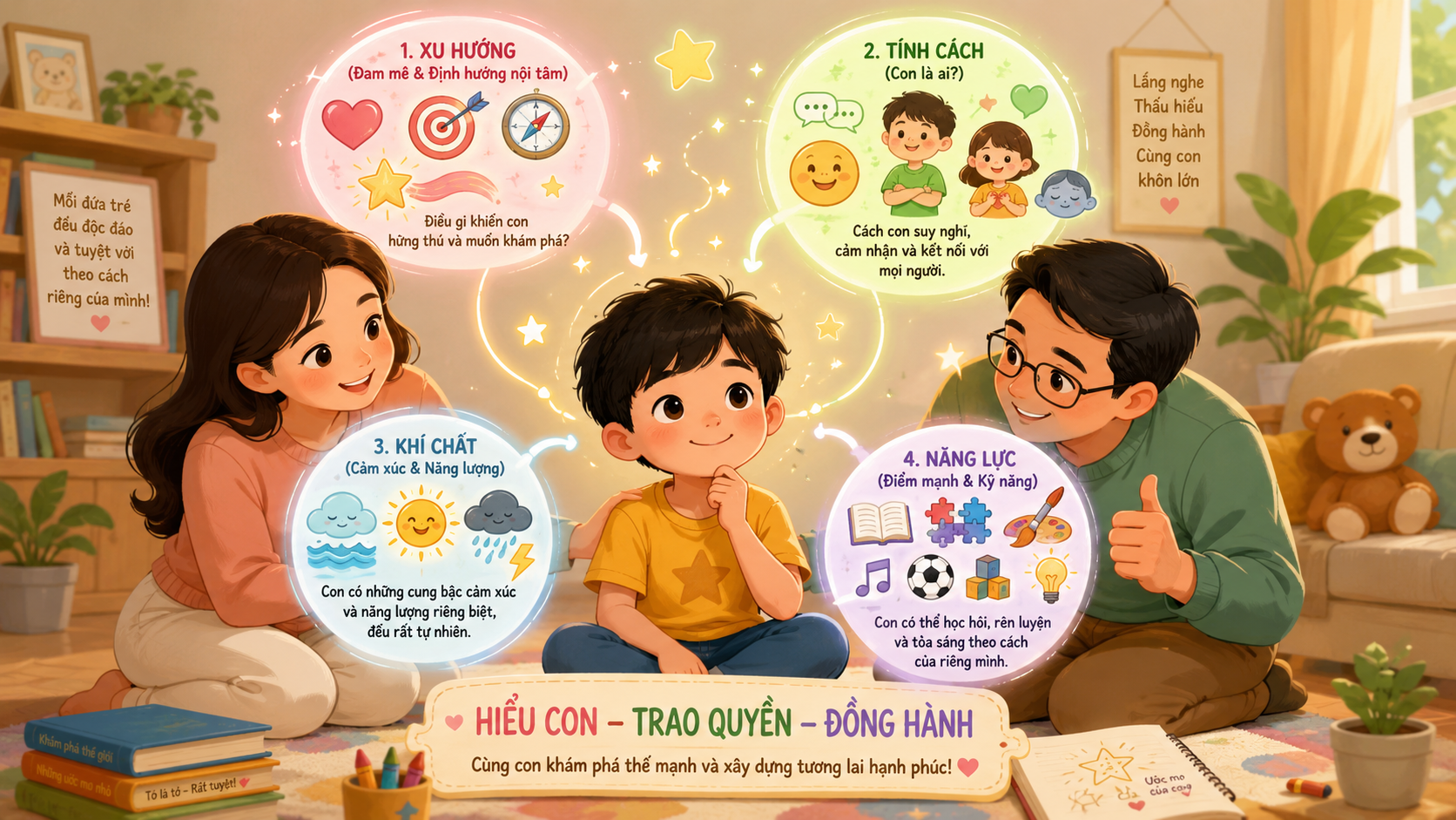 Mỗi đứa trẻ có cấu trúc nhân cách riêng gồm khí chất tính cách xu hướng và năng lực